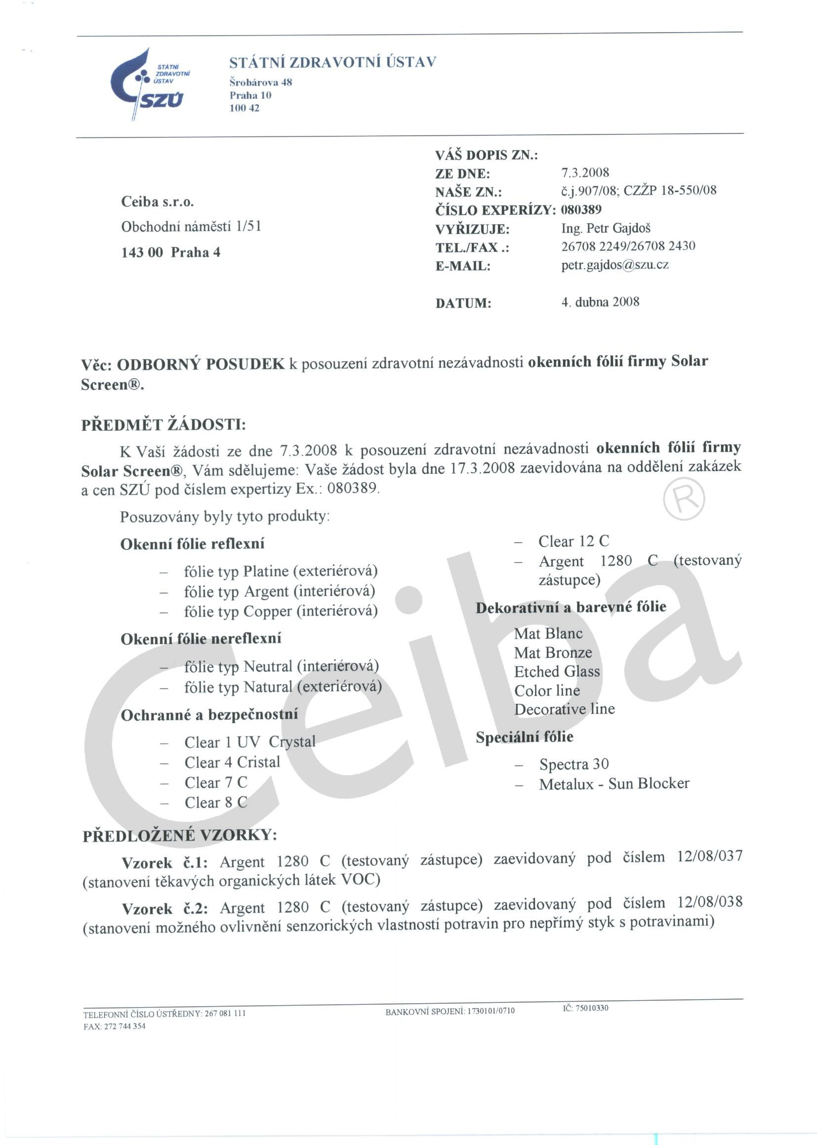 Protokol o zdravotní nezávadnosti Solar Screen